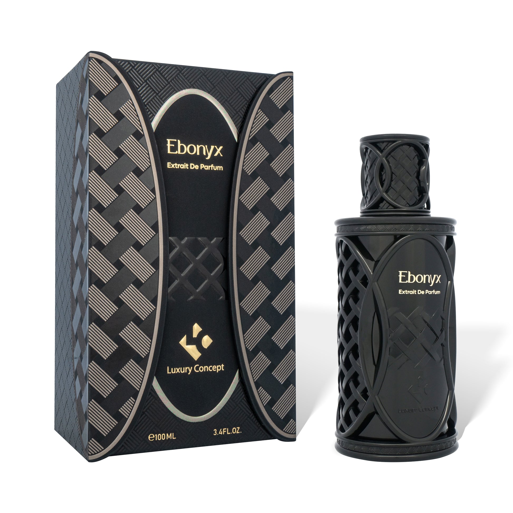 Black Ebonyx perfume bottle and packaging on a white background