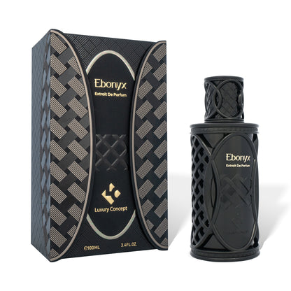 Black Ebonyx perfume bottle and packaging on a white background