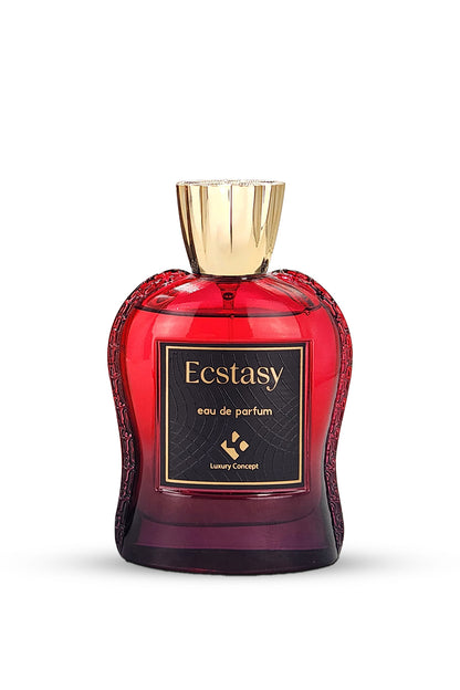 A red perfume bottle with a gold cap labeled 'Ecstasy Eau de Parfum'.
