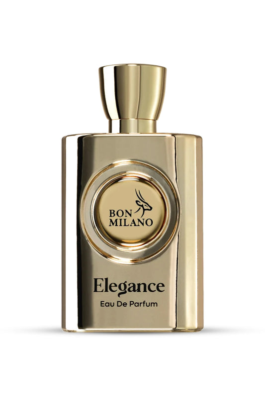 A luxurious gold-colored perfume bottle with a white label reading 'BON MILANO Elegance Eau De Parfum'.
