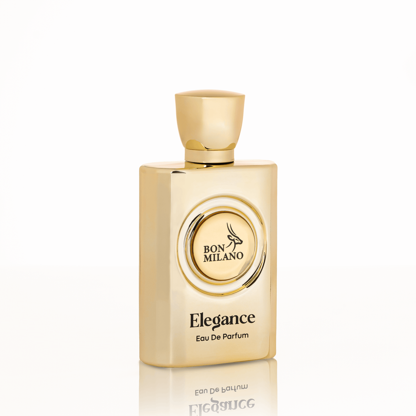 Clear sleek perfume bottle with minimalistic label and high-shine cap, showcasing refined elegance and understated luxury.