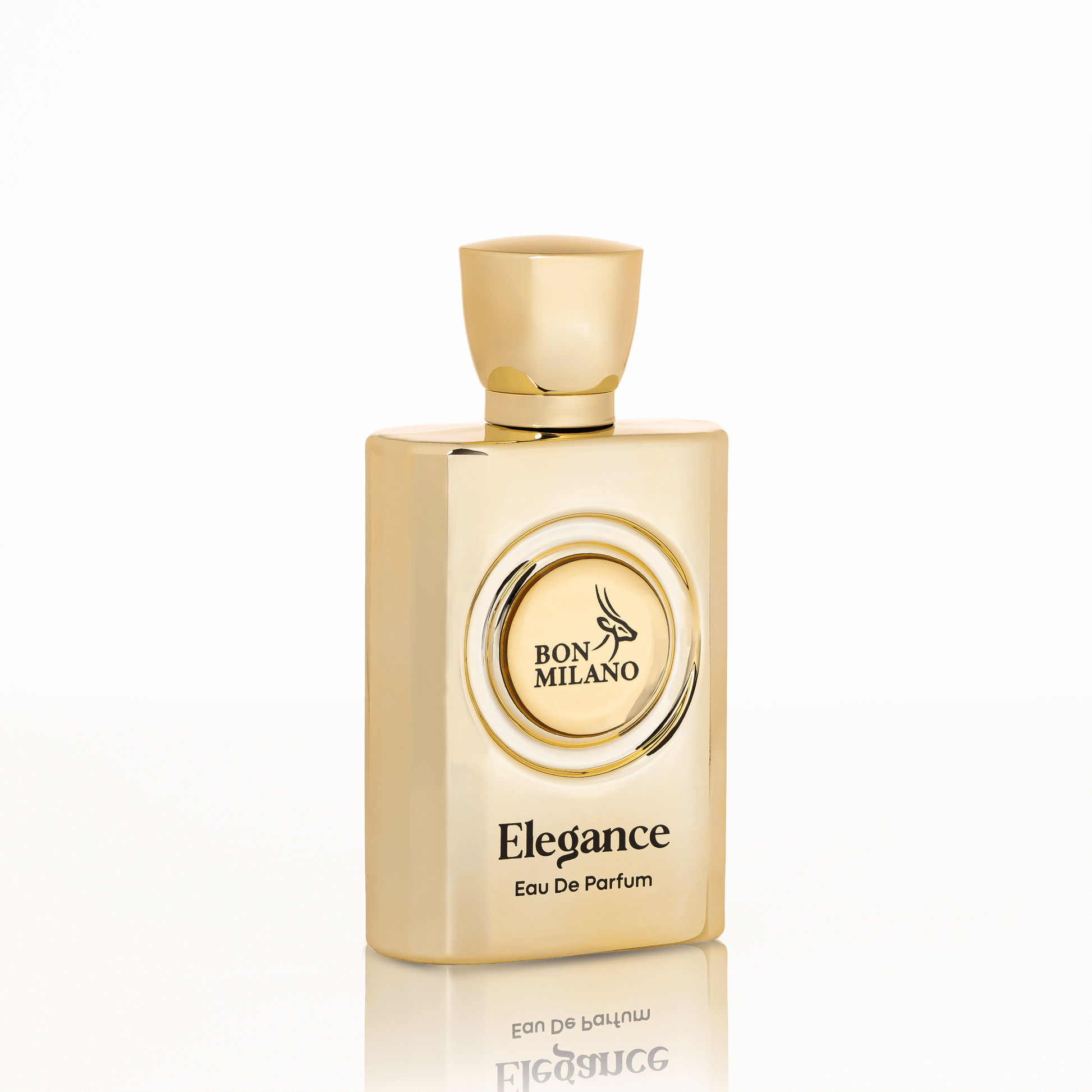 Clear sleek perfume bottle with minimalistic label and high-shine cap, showcasing refined elegance and understated luxury.