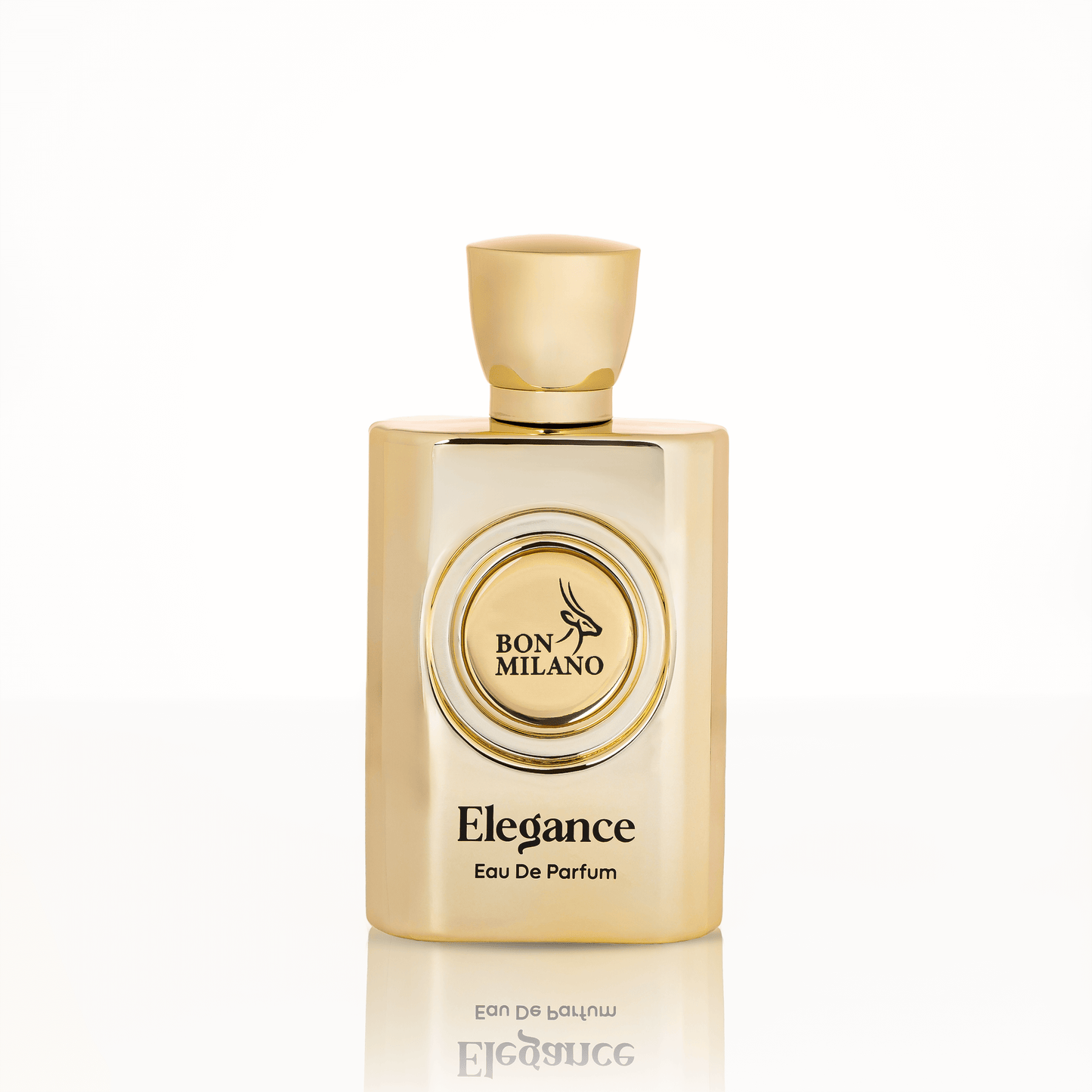 Gold Elegance fragrance bottle with polished geometric edges and soft metallic accents, evoking a timeless oriental floral feel.