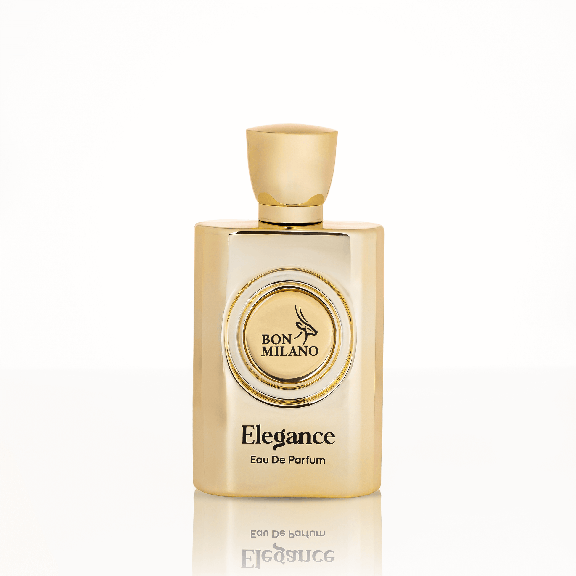 Gold Elegance fragrance bottle with polished geometric edges and soft metallic accents, evoking a timeless oriental floral feel.