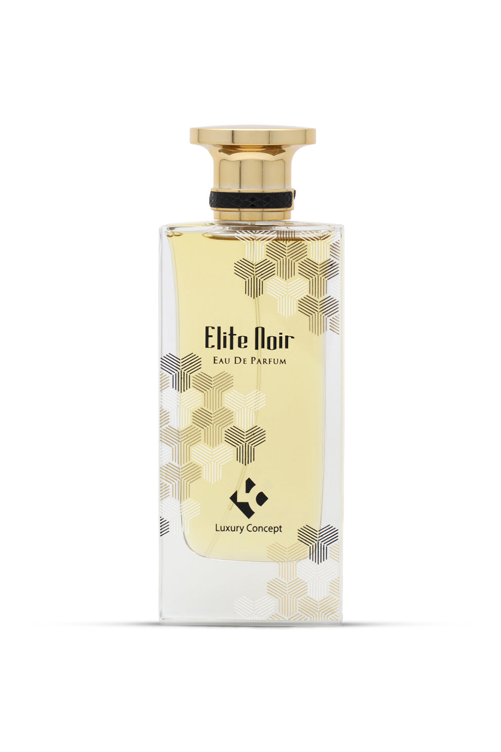 A bottle of Elite Noir EDP from Luxury Concept with a design of golden hexagons on the label.