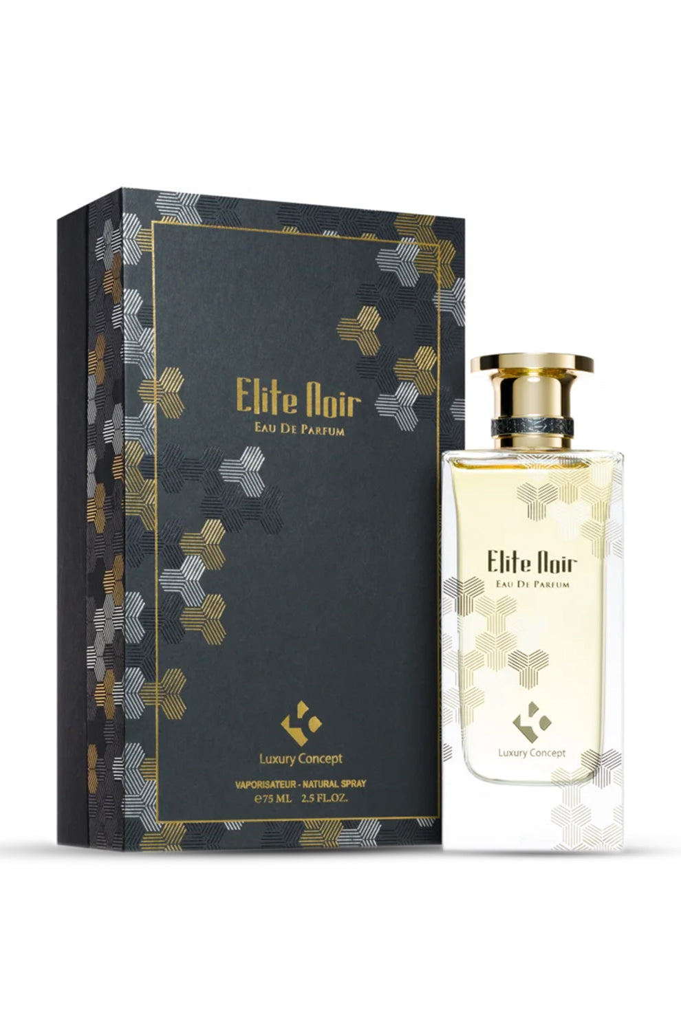 Elite Noir Eau de Parfum 75ml by Luxury Concept displayed with its premium packaging box