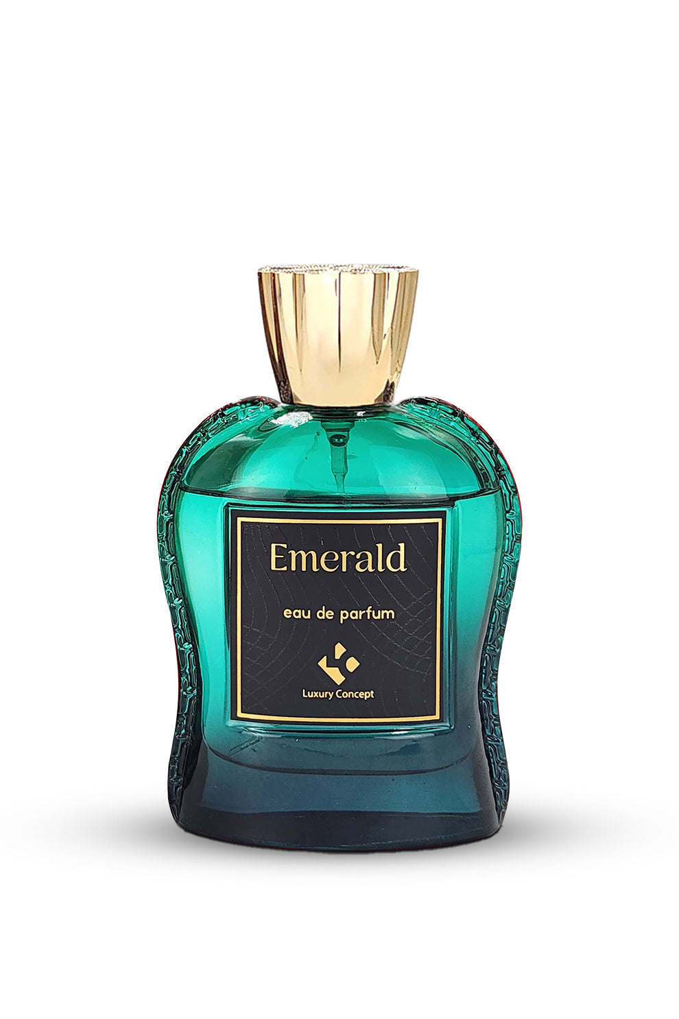 A bottle of EMERALD Eau de Parfum with a turquoise liquid visible through its transparent glass. The label displays 'Emerald' and 'Eau de parfum 100ml'.