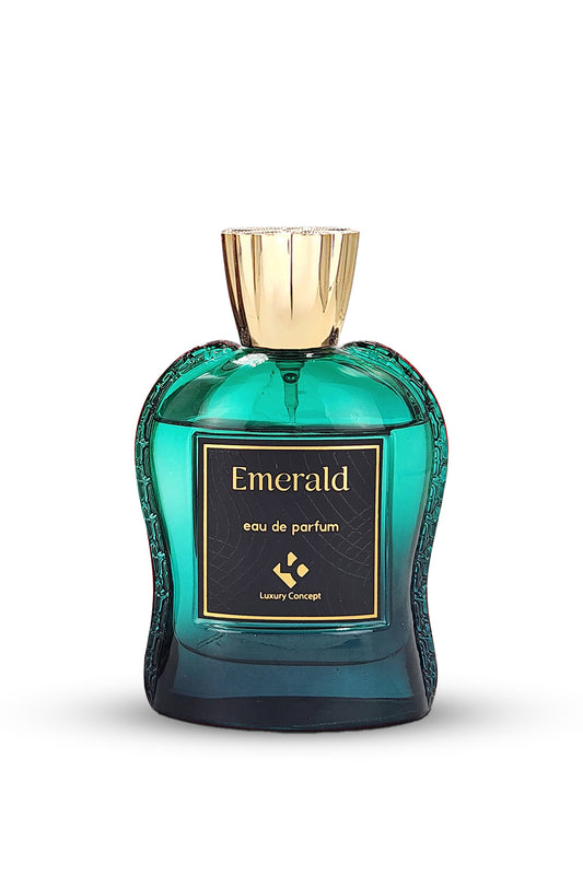 A bottle of EMERALD Eau de Parfum with a turquoise liquid visible through its transparent glass. The label displays 'Emerald' and 'Eau de parfum 100ml'.