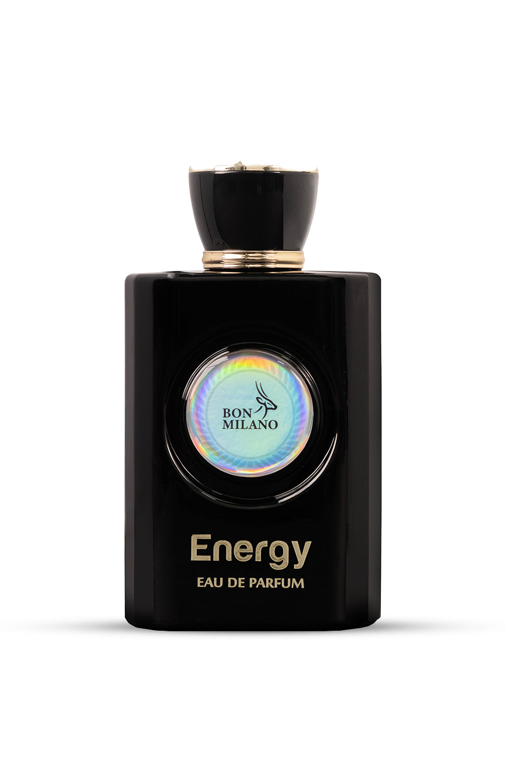 A black perfume bottle with a clear label that reads 'Energy Eau de Parfum'. The cap of the bottle is black with a gold band, and there is a colorful circular design on the label.