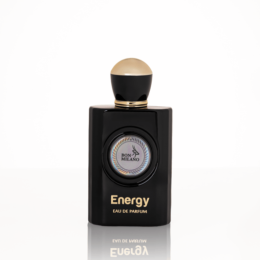 Contemporary Energy eau de parfum bottle with crystalline finish and minimalist badge, hinting at bright bergamot, creamy amber, and sophisticated tonka bean depth.