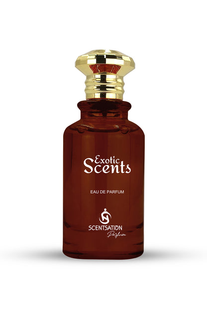 A bottle of EXOTIC SCENTS EAU DE PARFUM with a dark amber tint and a golden cap.