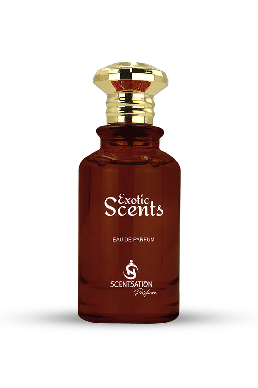 A bottle of EXOTIC SCENTS EAU DE PARFUM with a dark amber tint and a golden cap.