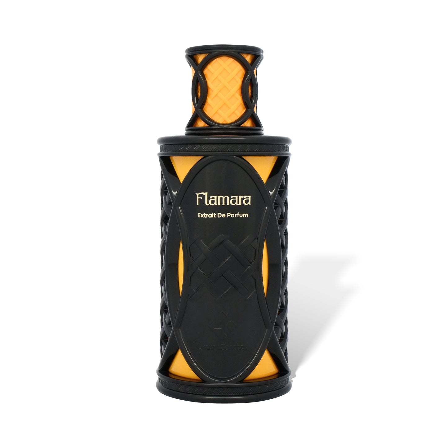 Black and orange perfume bottle with 'Flamara' branding on a white background