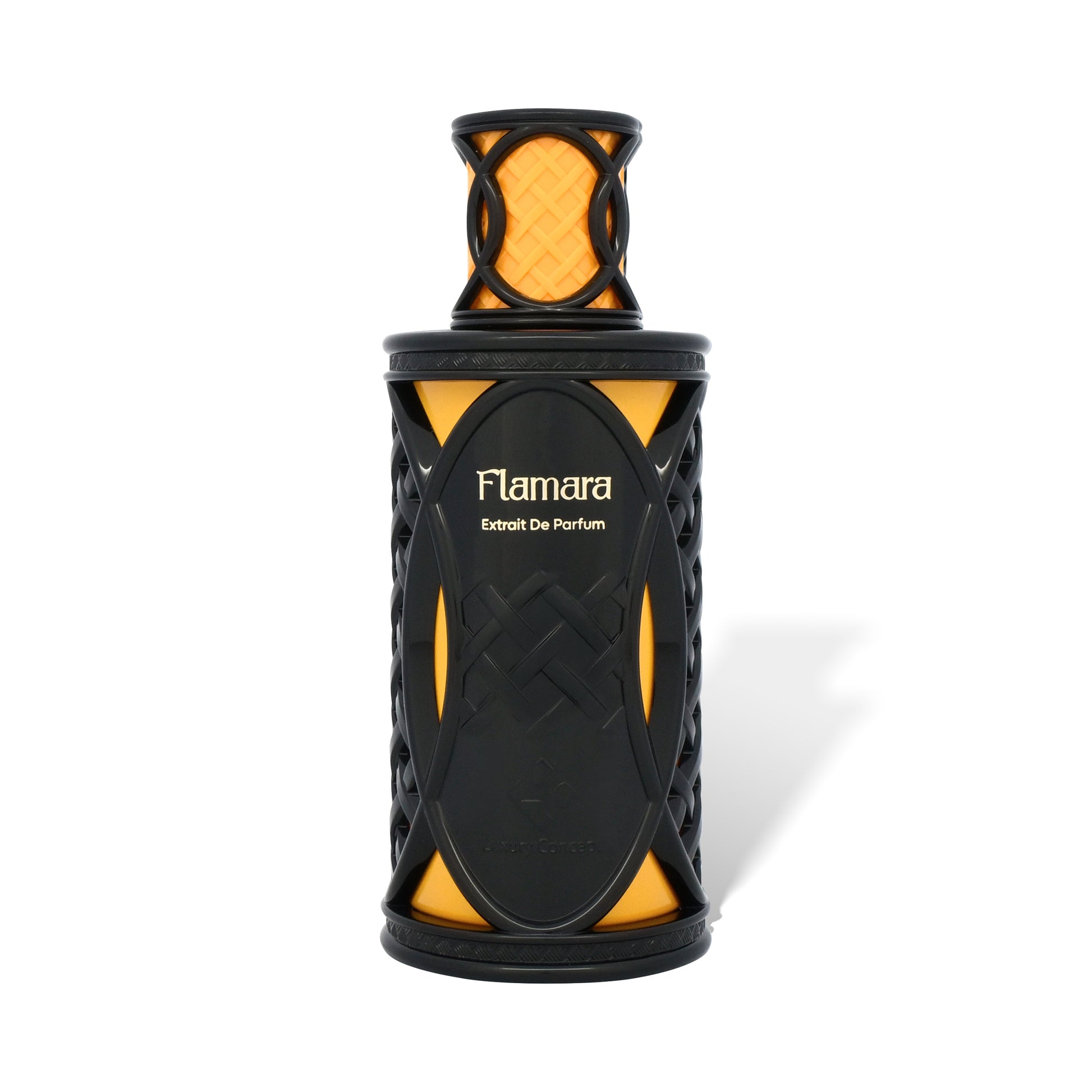 Black and orange perfume bottle with 'Flamara' branding on a white background