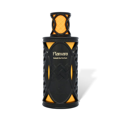 Black and orange perfume bottle with 'Flamara' branding on a white background