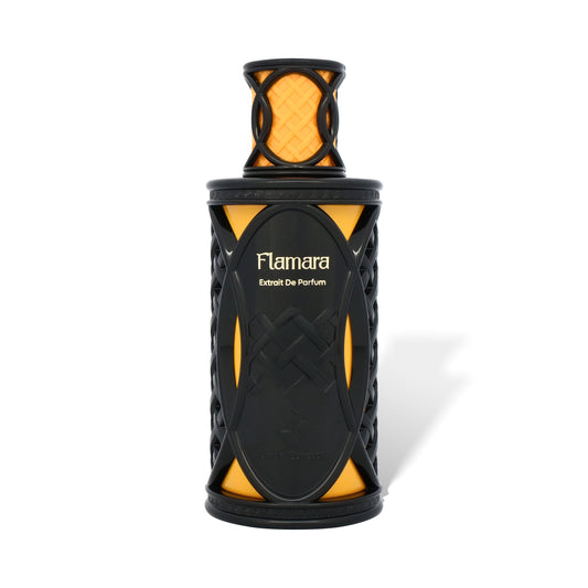 Black and orange perfume bottle with 'Flamara' branding on a white background