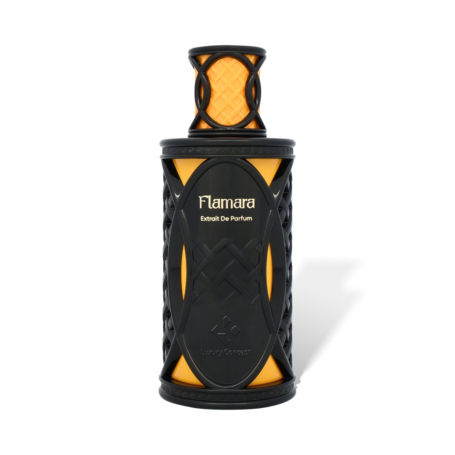 Flamara extrait de parfum unisex perfume bottle by Luxury Concept, black lattice bottle with amber glow accents, niche luxury fragrance.