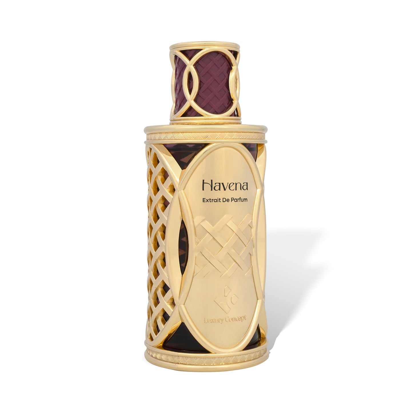 Havena unisex extrait de parfum gold lattice perfume bottle angled view, Luxury Concept luxury fragrance.