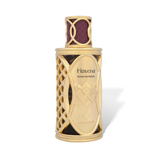 Havena unisex extrait de parfum gold lattice perfume bottle angled view, Luxury Concept luxury fragrance.