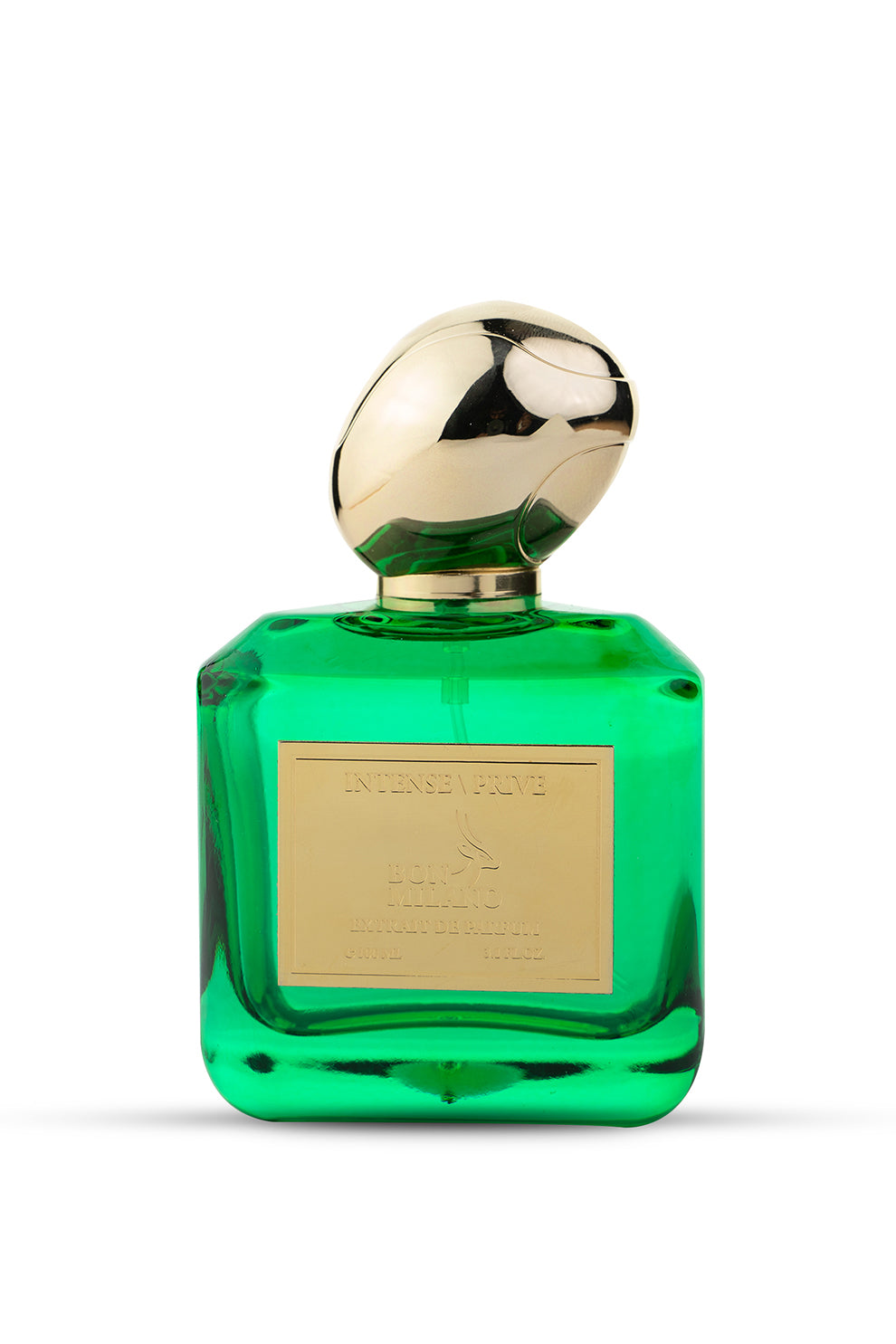 A green perfume bottle with a gold-colored cap.