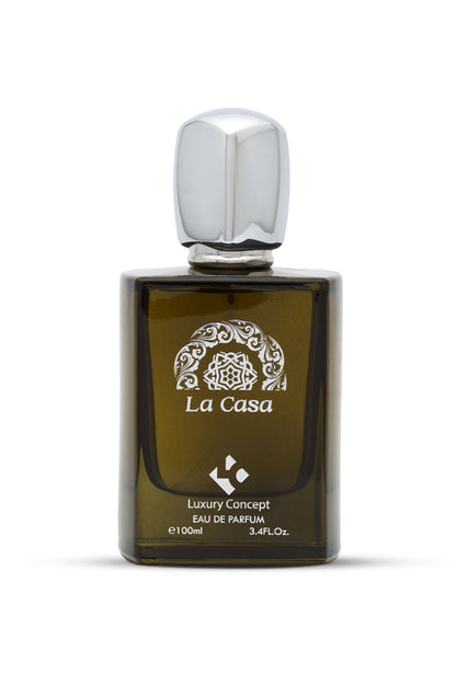 A bottle of Luxury Concept La Casa Eau de Parfum 100 ml with a design on the label and a silver cap.
