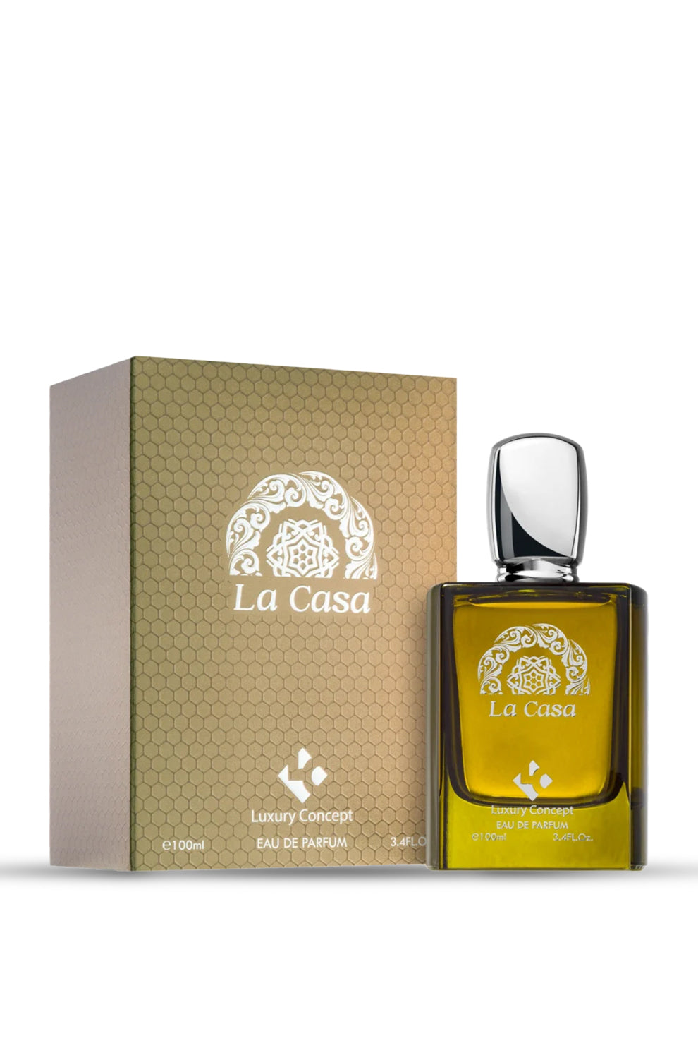 A bottle of La Casa Eau de Parfum with a caramel colored liquid, alongside its packaging box which has the product name and brand logo.