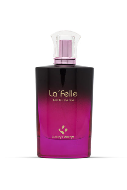 A bottle of Luxury Concept La Felle Eau de Parfum with a purple to clear gradient design.
