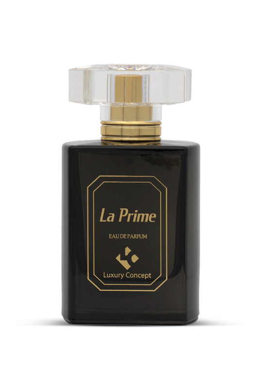 A black perfume bottle with a gold label and a clear cap, branded as 'La Prime' by Luxury Concept.
