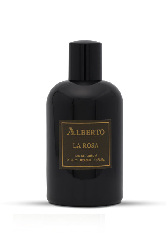 A black bottle of Alberto LA ROSA eau de parfum with a gold label.
