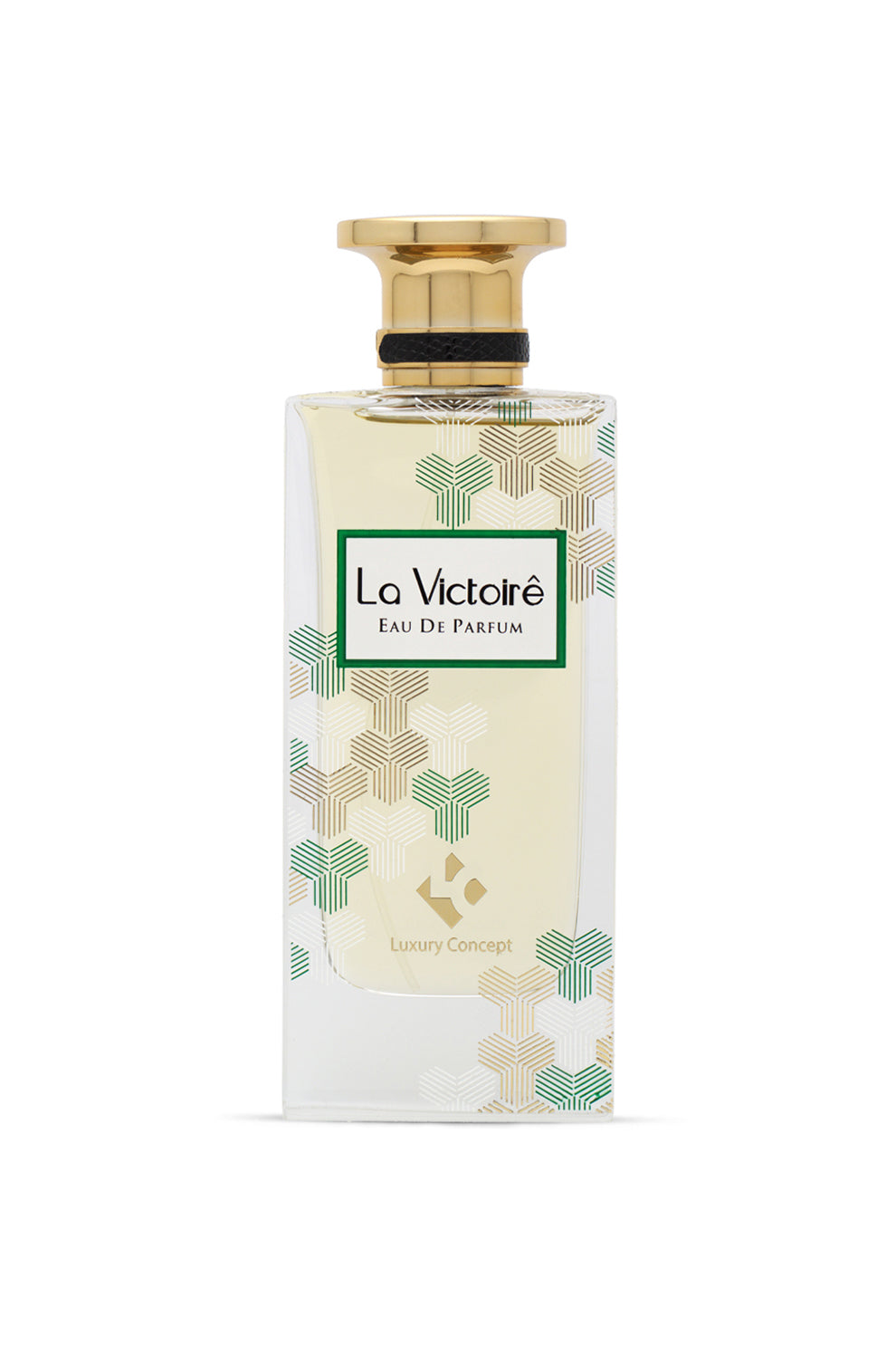 A bottle of 'Le Victoire' EDP from Luxury Concept with a gold cap and a label featuring a green and white floral design.
