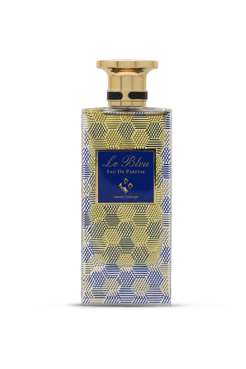 A perfume bottle with a geometric pattern, predominantly blue with gold accents, and a label that reads 'Le Bleu Eaux de Parfum'.