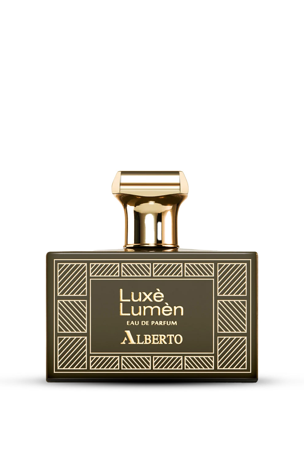 A bottle of Alberto Luxes Lumen Eau de Parfum with a gold-colored cap and a label featuring geometric patterns.