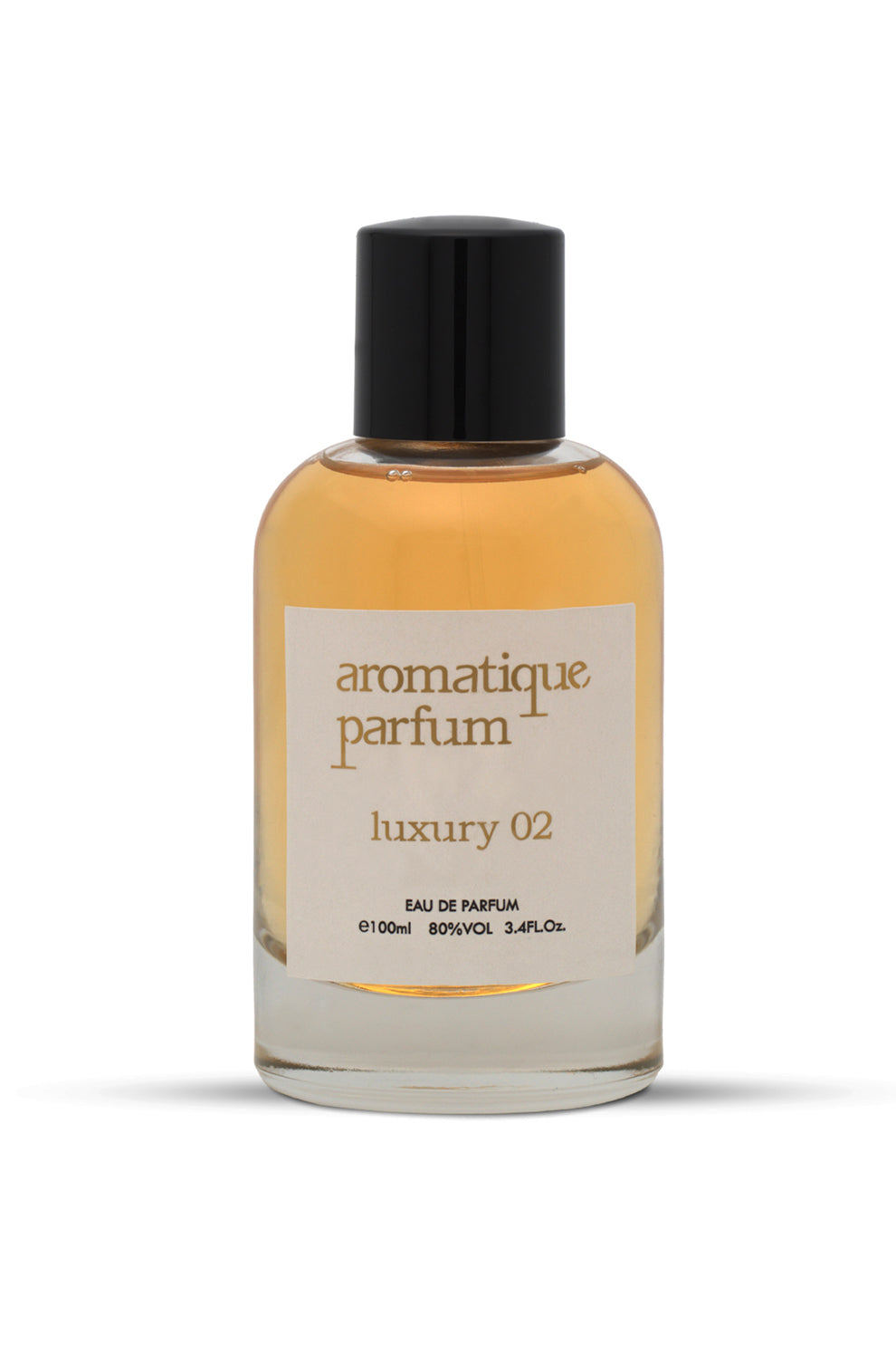 A bottle of LUXURY 02 by AROMATIQUE PARFUM, an eau de parfum fragrance. The bottle is clear with a black cap and a label that reads 'luxury 02'.