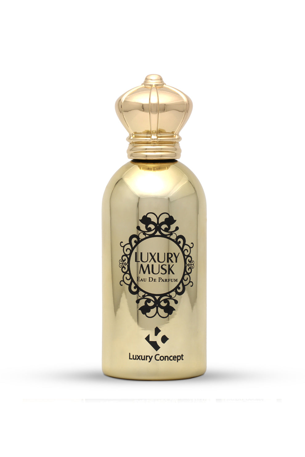 A gold-colored bottle of LUXURY MUSK EAU DE PARFUM with a decorative label and a crown-shaped cap.