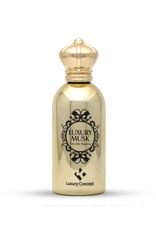 A gold-colored bottle of LUXURY MUSK EAU DE PARFUM with a decorative label and a crown-shaped cap.