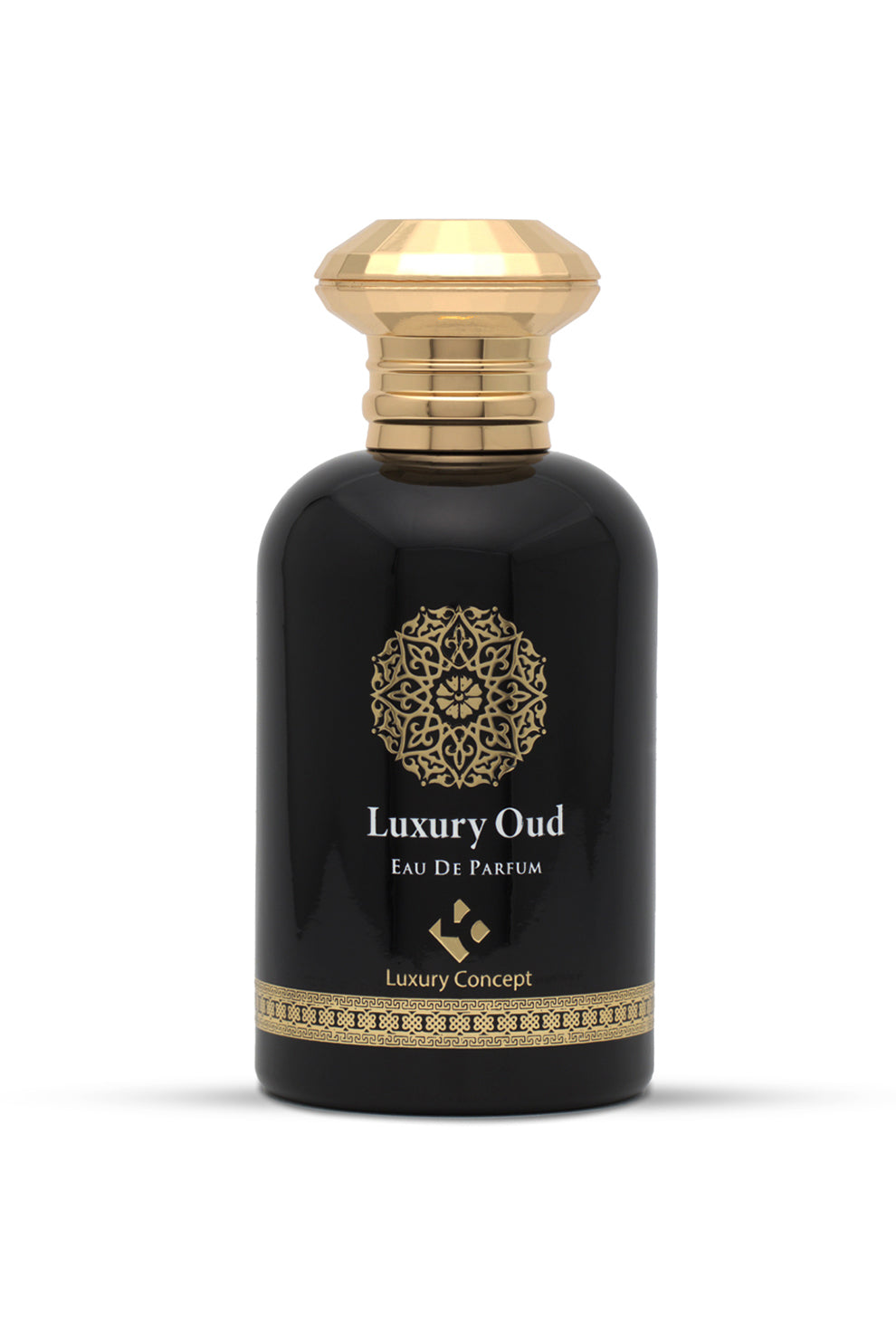 A black perfume bottle with a gold cap labeled 'Luxury Oud Eau de Parfum 100ml' by Luxury Concept.