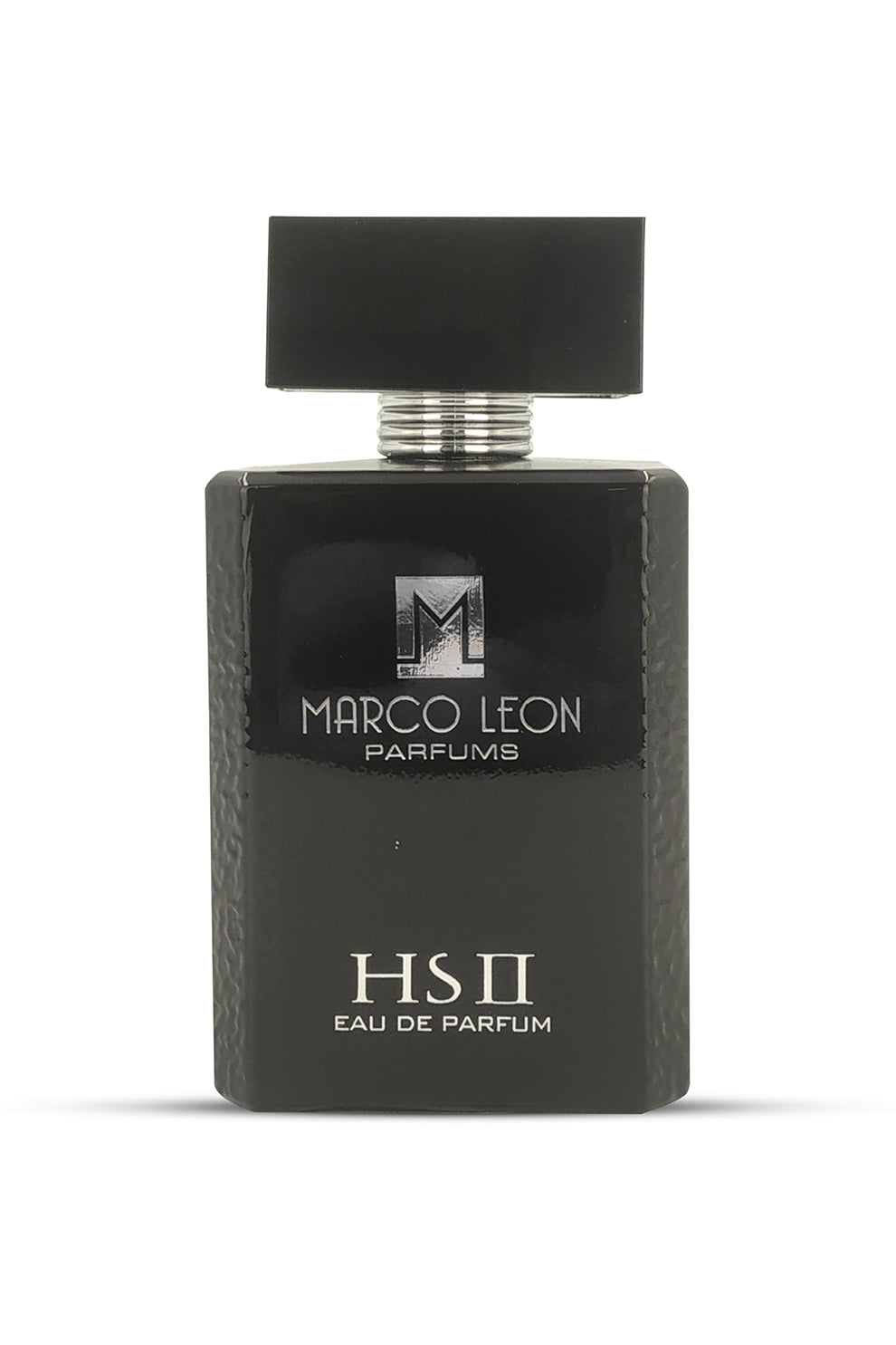 A black bottle of MARCO LEON HS II EAU DE PARFUM with a simple, elegant design.