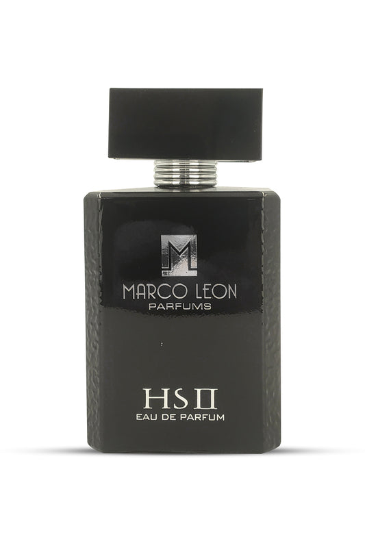 A black bottle of MARCO LEON HS II EAU DE PARFUM with a simple, elegant design.