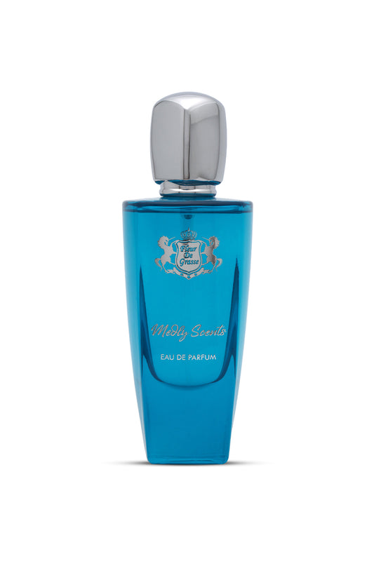 A blue perfume bottle with a silver cap, labeled 'MEDLEY SCENTS EAU DE PARFUM 100 ML'.