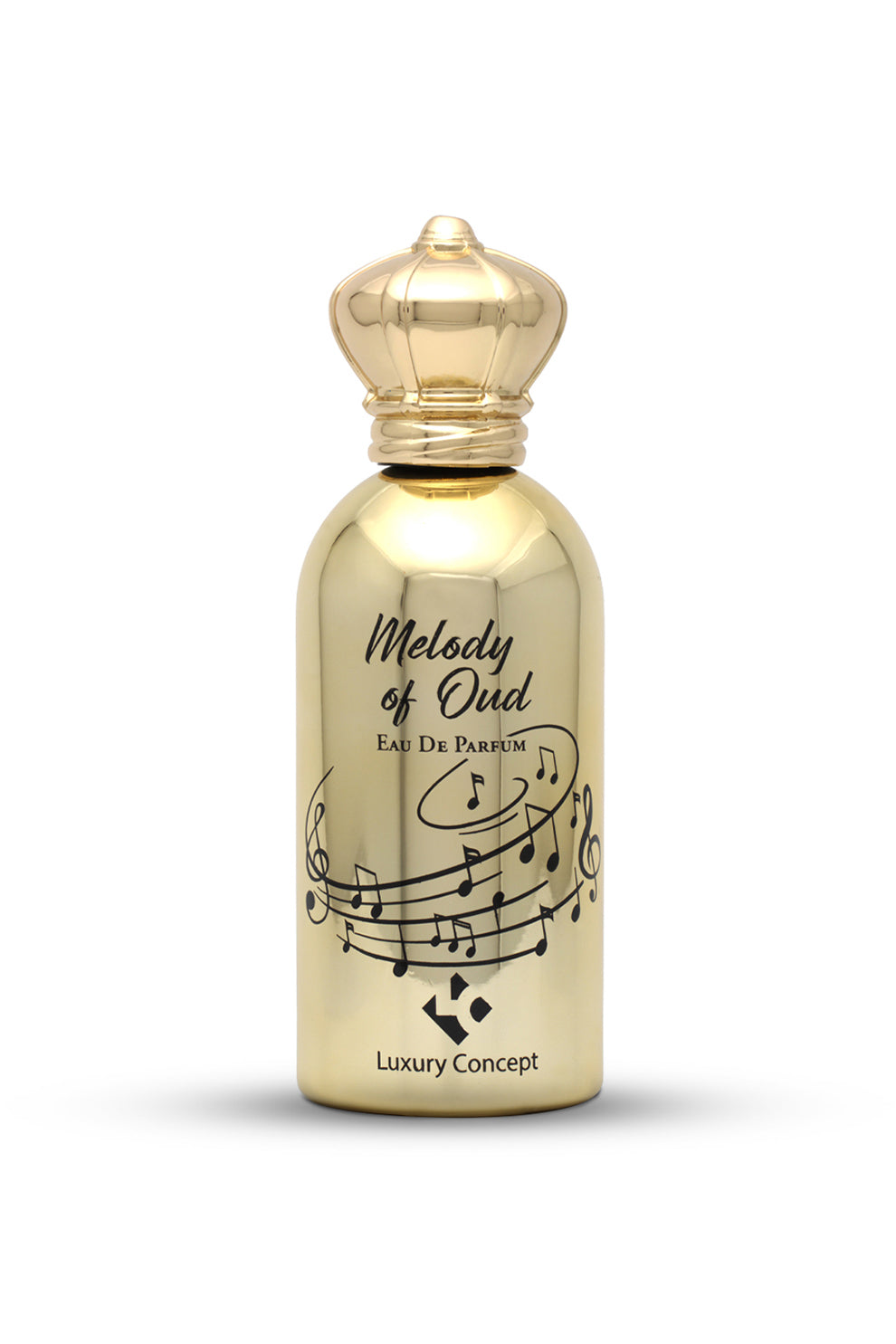 A gold-colored perfume bottle with a decorative design and the label 'Melody of Oud' by Luxury Concept.