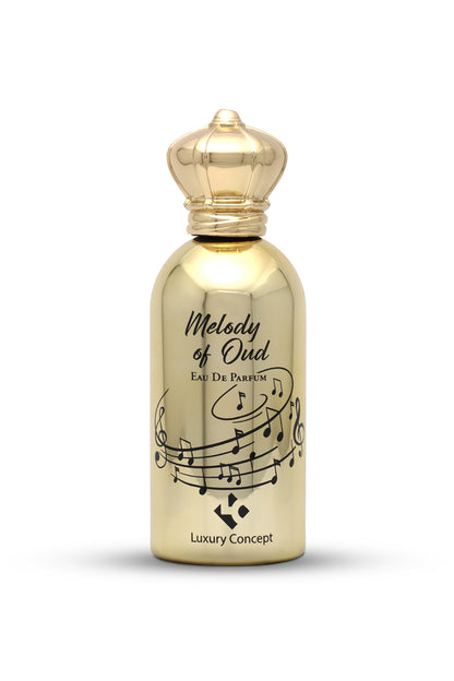 A gold-colored perfume bottle with a decorative design and the label 'Melody of Oud' by Luxury Concept.