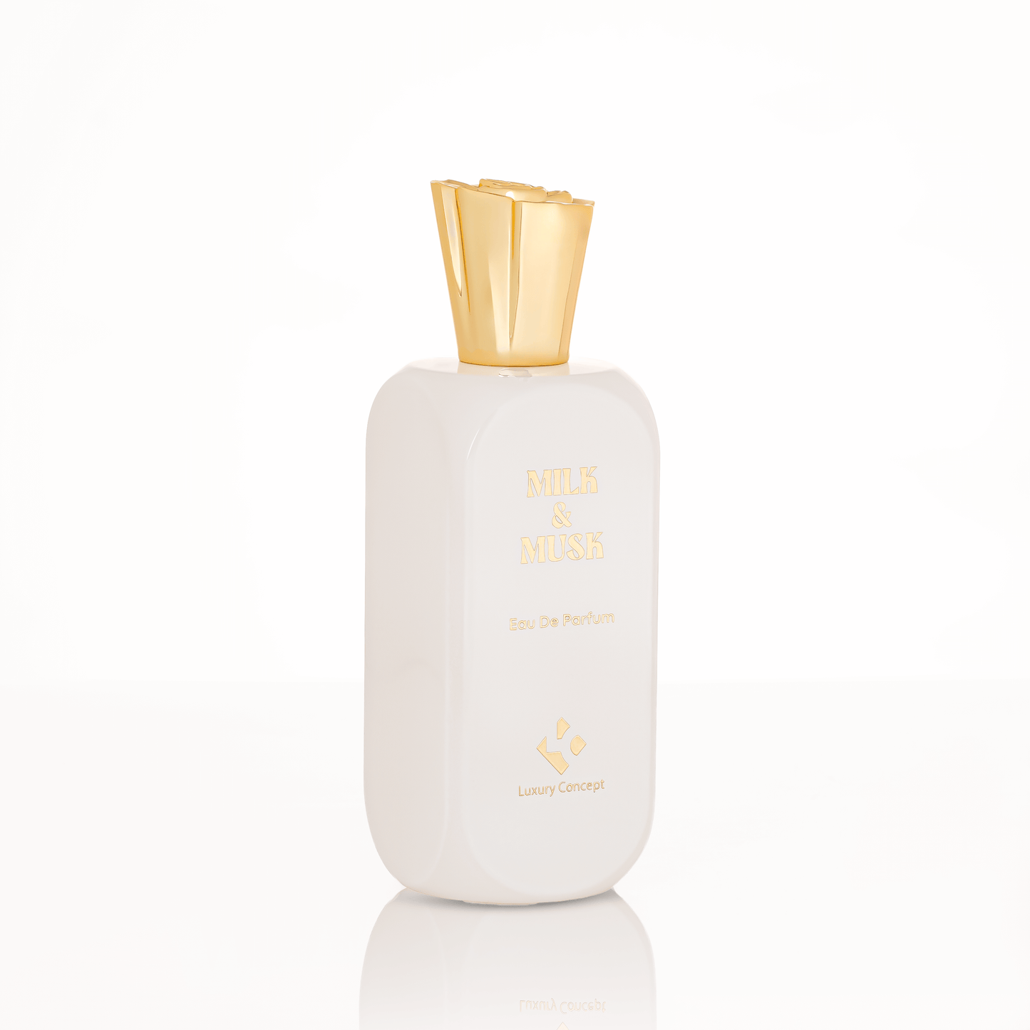 Minimalist Milk & Musk fragrance bottle with creamy white finish and refined label, suggesting honeyed balsamic heart and aromatic musk base.