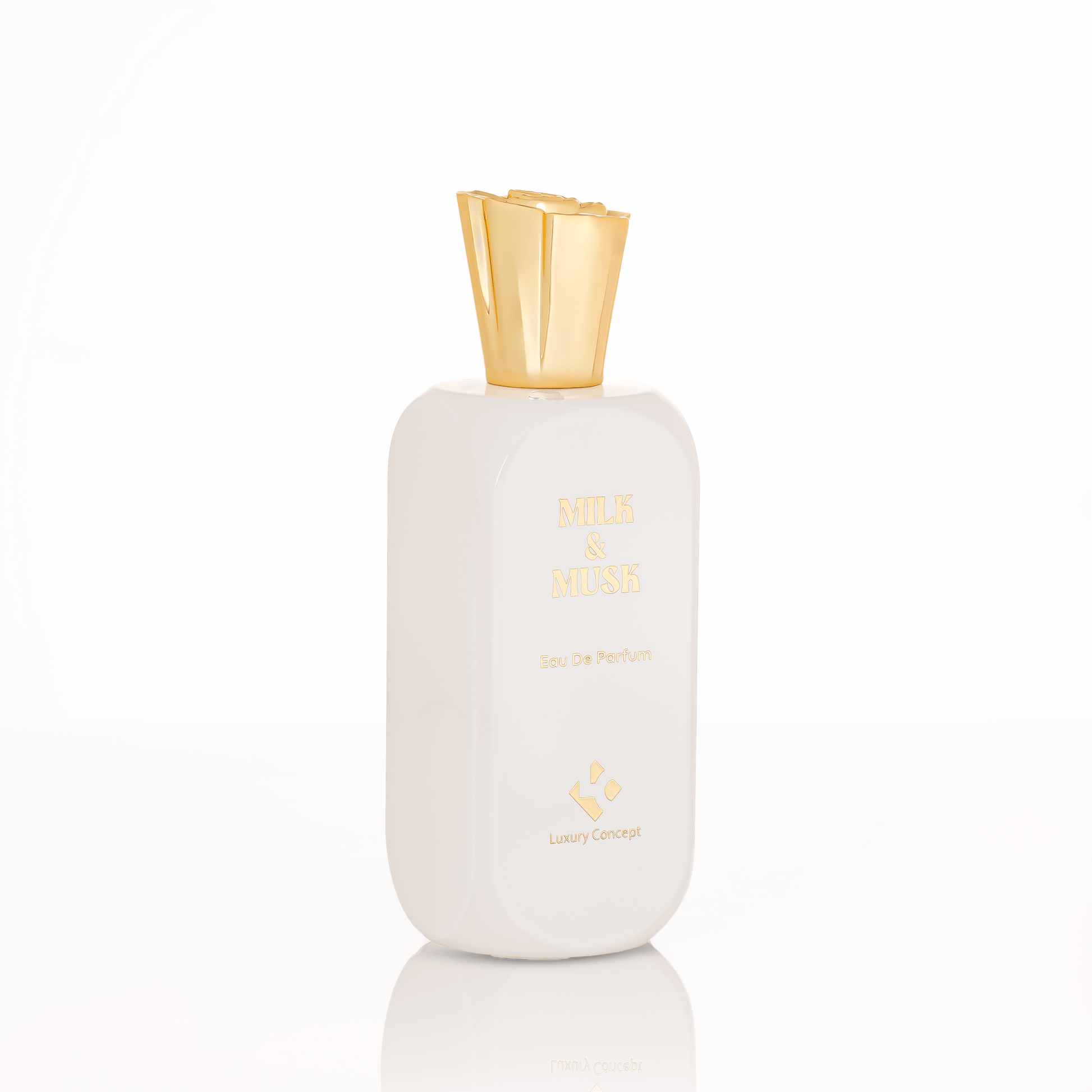 Minimalist Milk & Musk fragrance bottle with creamy white finish and refined label, suggesting honeyed balsamic heart and aromatic musk base.