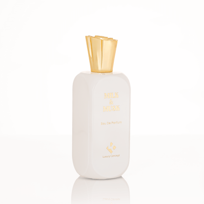Minimalist Milk & Musk fragrance bottle with creamy white finish and refined label, suggesting honeyed balsamic heart and aromatic musk base.