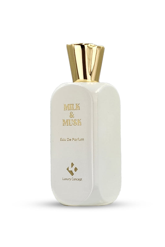 A white perfume bottle with a gold-colored cap, labeled 'Milk & Musk - Eau de Parfum'.