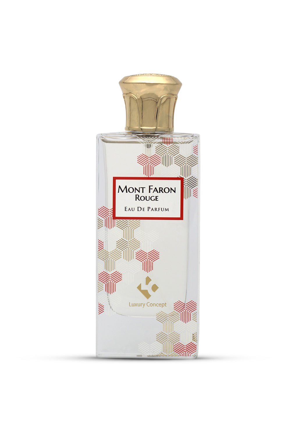A bottle of MONT FARON ROUGE EAU DE PARFUM with a floral pattern on the label and a golden cap.