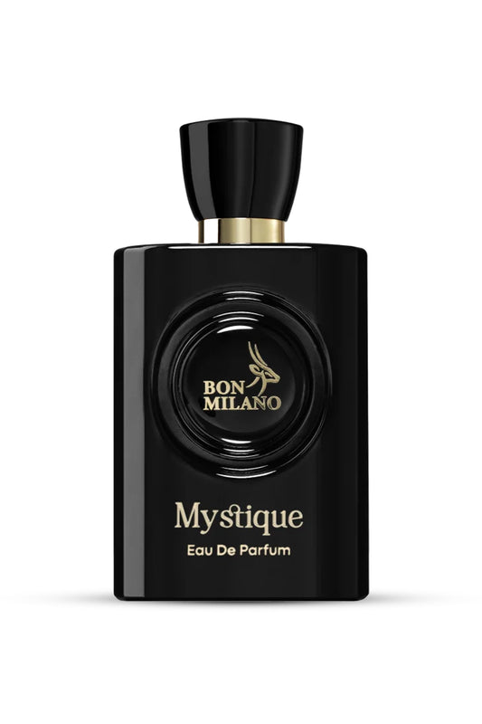 A black perfume bottle with a gold label and black cap, labeled 'Bon Milano Mystique EDP 100ml'.