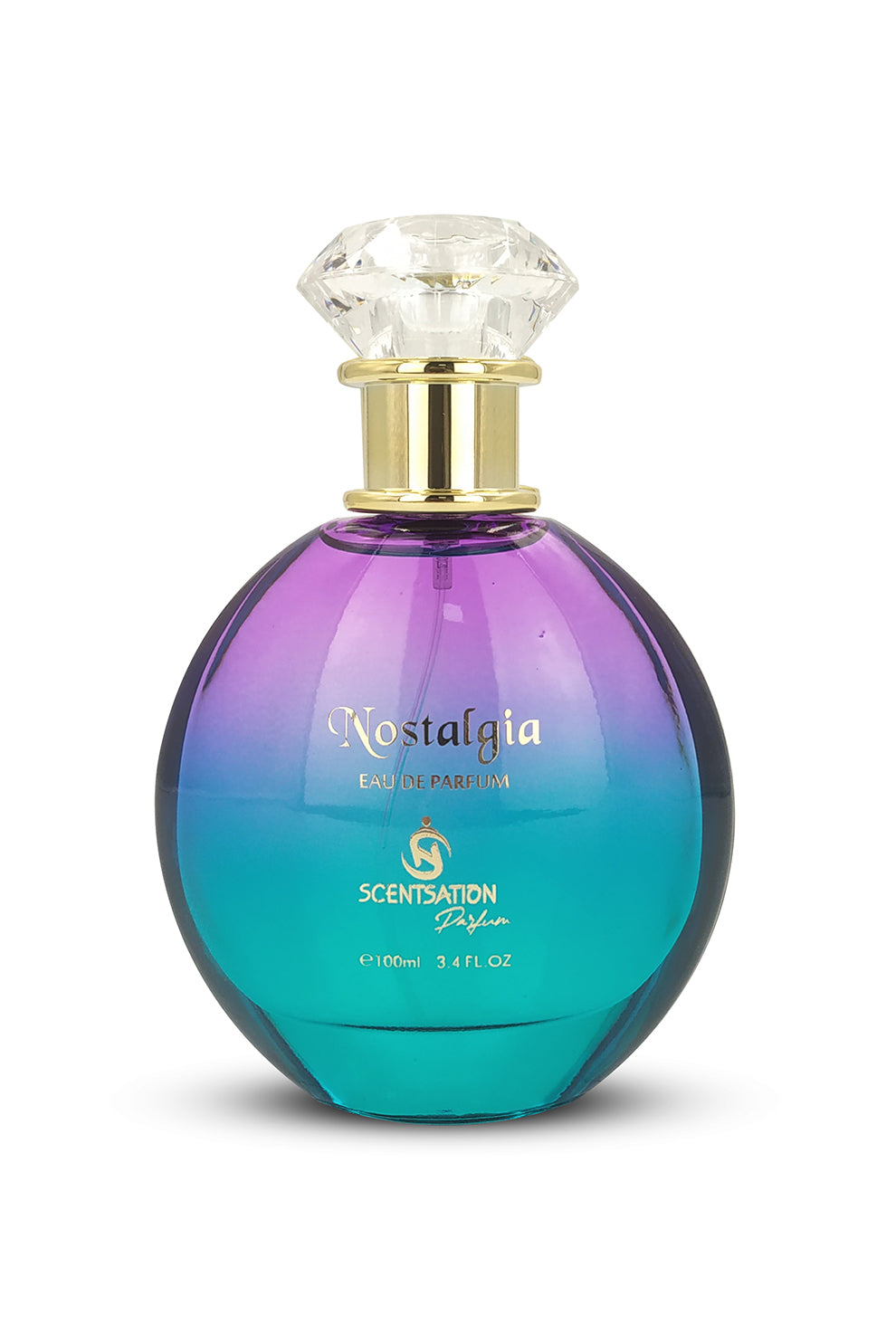 A bottle of NOSTALGIA EAU DE PARFUM with a colorful gradient design from purple to teal, topped with a clear crystal-like stopper.