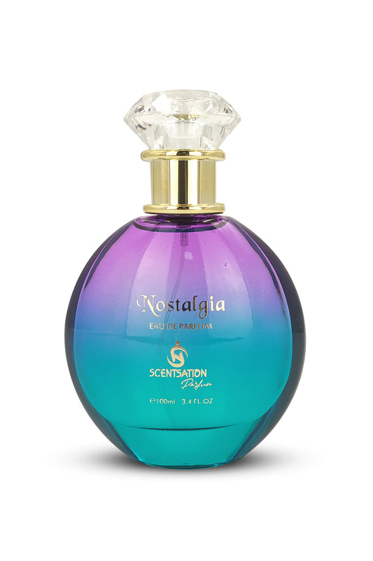 A bottle of NOSTALGIA EAU DE PARFUM with a colorful gradient design from purple to teal, topped with a clear crystal-like stopper.