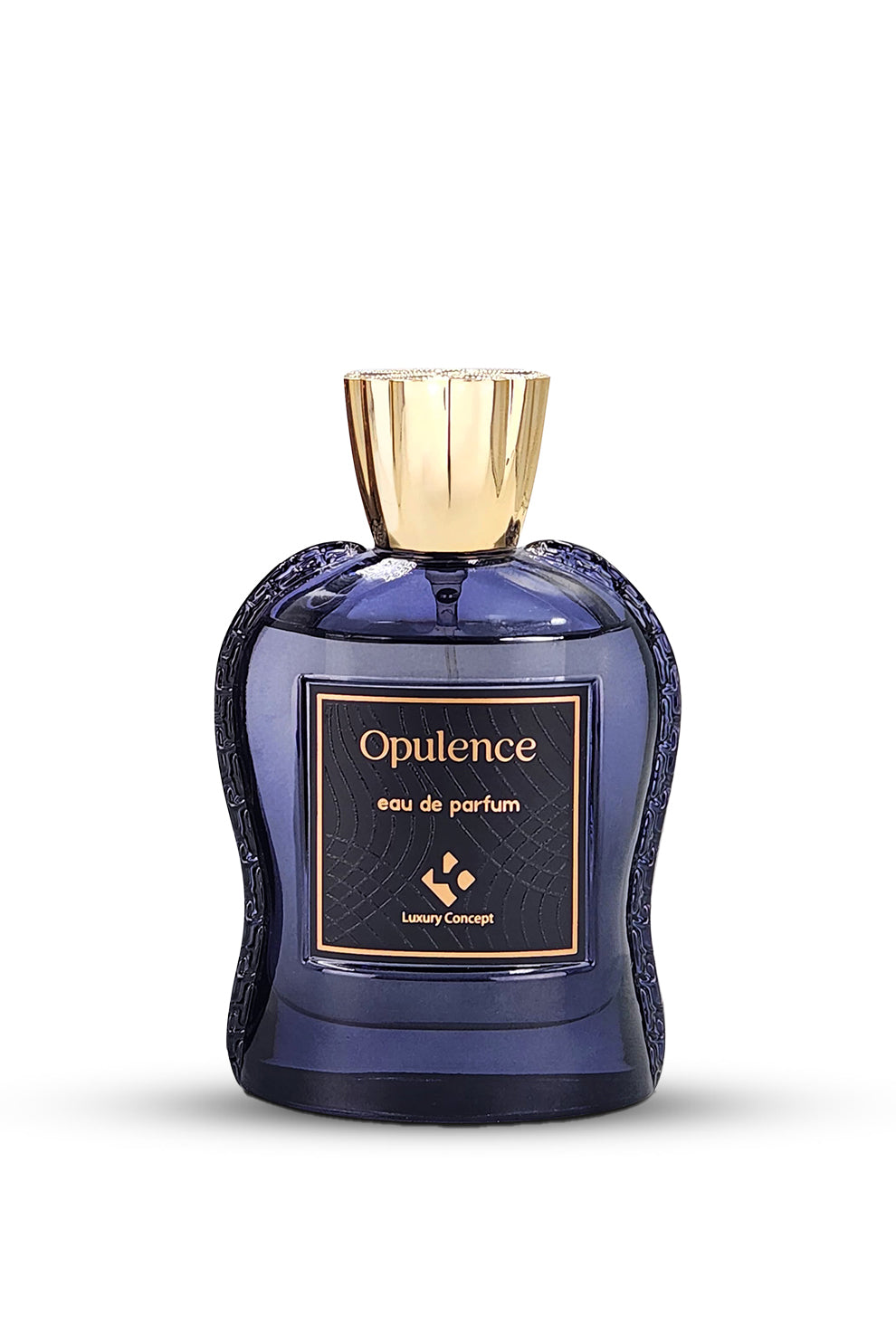 A bottle of Luxury Concept's OPULANCE Eau de Parfum with a dark blue liquid and a golden cap.